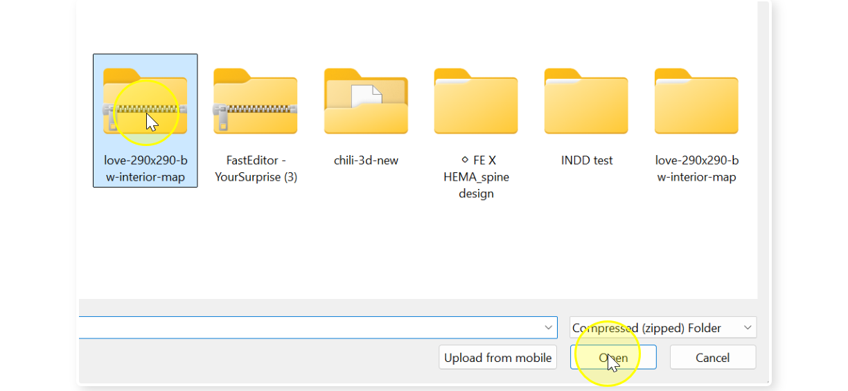 Selecting the IDML exported ZIP file in the Windows file picker (step 3)