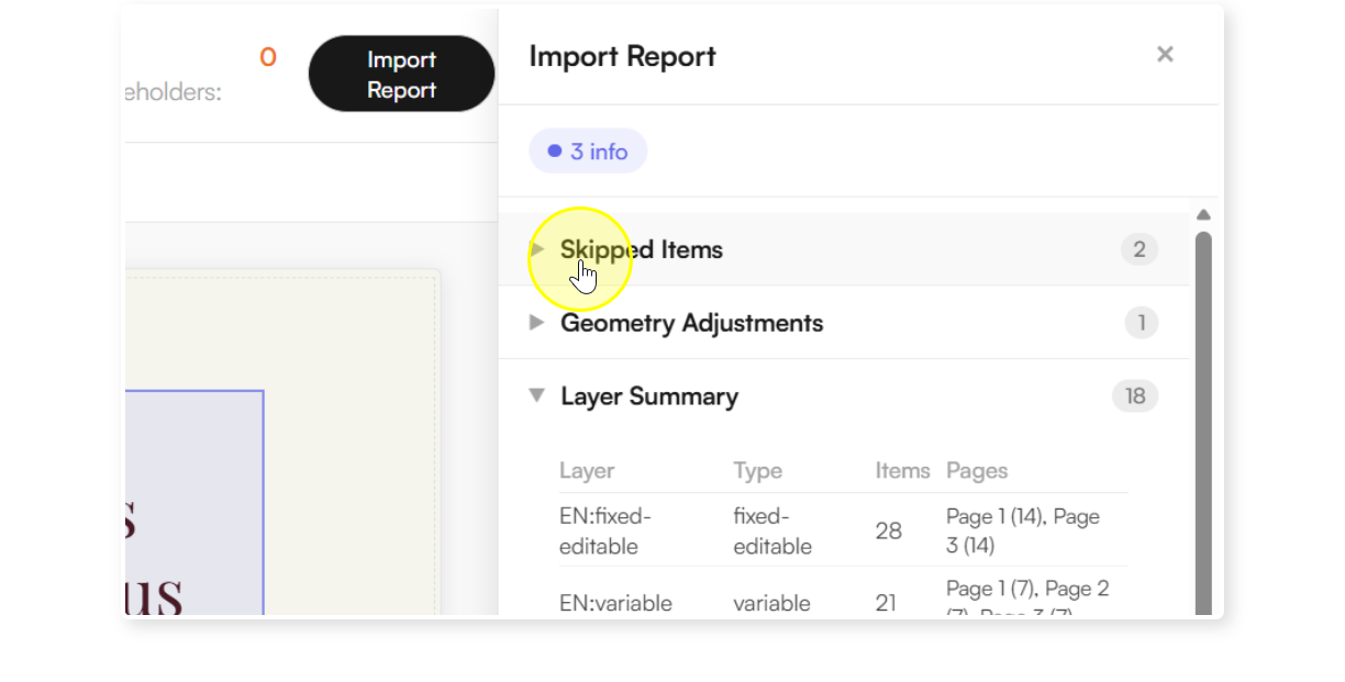 The Import Report panel open showing Skipped Items (step 6)